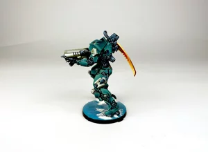 Close-up side view of a professionally painted Sci-Fi miniature, featuring custom basing and clean edge highlighting. Close-up side view of a professionally painted Sci-Fi miniature, featuring custom basing and clean edge highlighting.