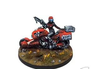 JSA Kuroshi Rider motorcycle miniature for Infinity The Game, painted in iconic Japanese red with blue glowing visor by RosPaint Studio. JSA Kuroshi Rider motorcycle miniature for Infinity The Game, painted in iconic Japanese red with blue glowing visor by RosPaint Studio.