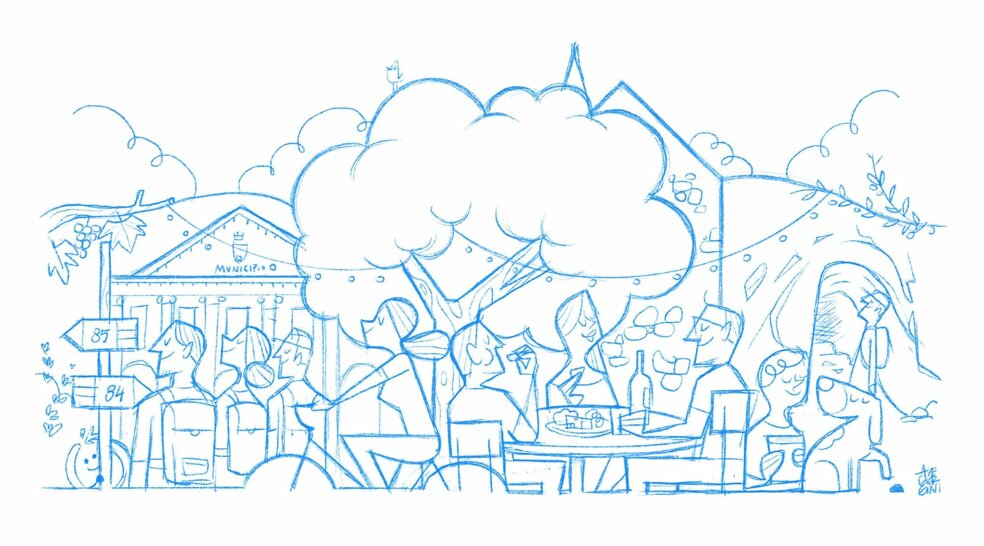 Illustrazione di Nanto, la riviera degli ulivi sui Colli Berici, con il municipio e la festa in piazza Illustrazione di Nanto, la riviera degli ulivi sui Colli Berici, con il municipio e la festa in piazza