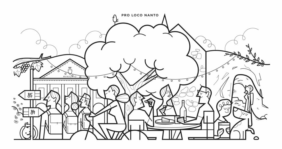 Illustrazione della piazza di Nanto con il municipio, i tavoli della festa e gli ulivi