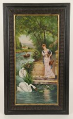 scena-romantica-con-dama-e-cigni-sul-fiume-olio-su-tela-inizi-xx-sec