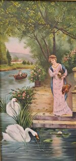 scena-romantica-con-dama-e-cigni-sul-fiume-olio-su-tela-inizi-xx-sec