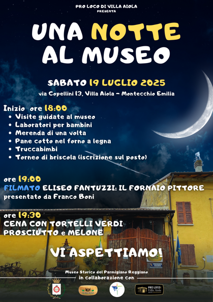Locandina evento 'Una Notte al Museo' a Villa Aiola, 19 luglio 2025, con attività culturali e cena. Locandina evento 'Una Notte al Museo' a Villa Aiola, 19 luglio 2025, con attività culturali e cena.