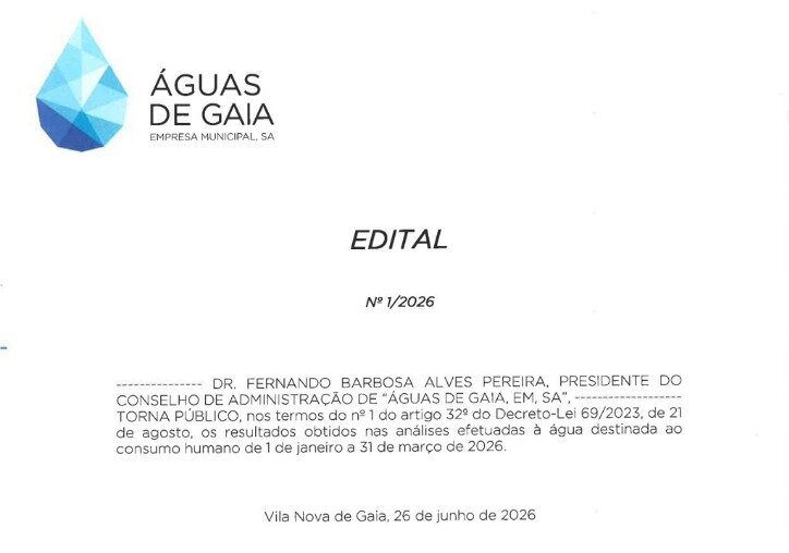 Análises à água - 1.º trimestre 2026