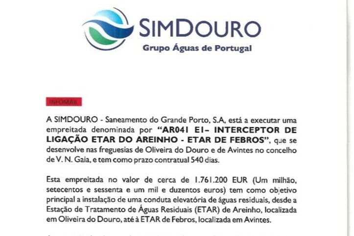 Empreitada de liga&ccedil;&atilde;o entre a ETAR do Areinho (Oliv. Douro) e a ETAR de Febros