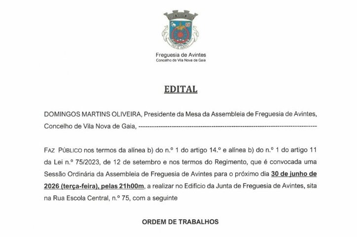 Edital - Assembleia de Freguesia 30.06.2026