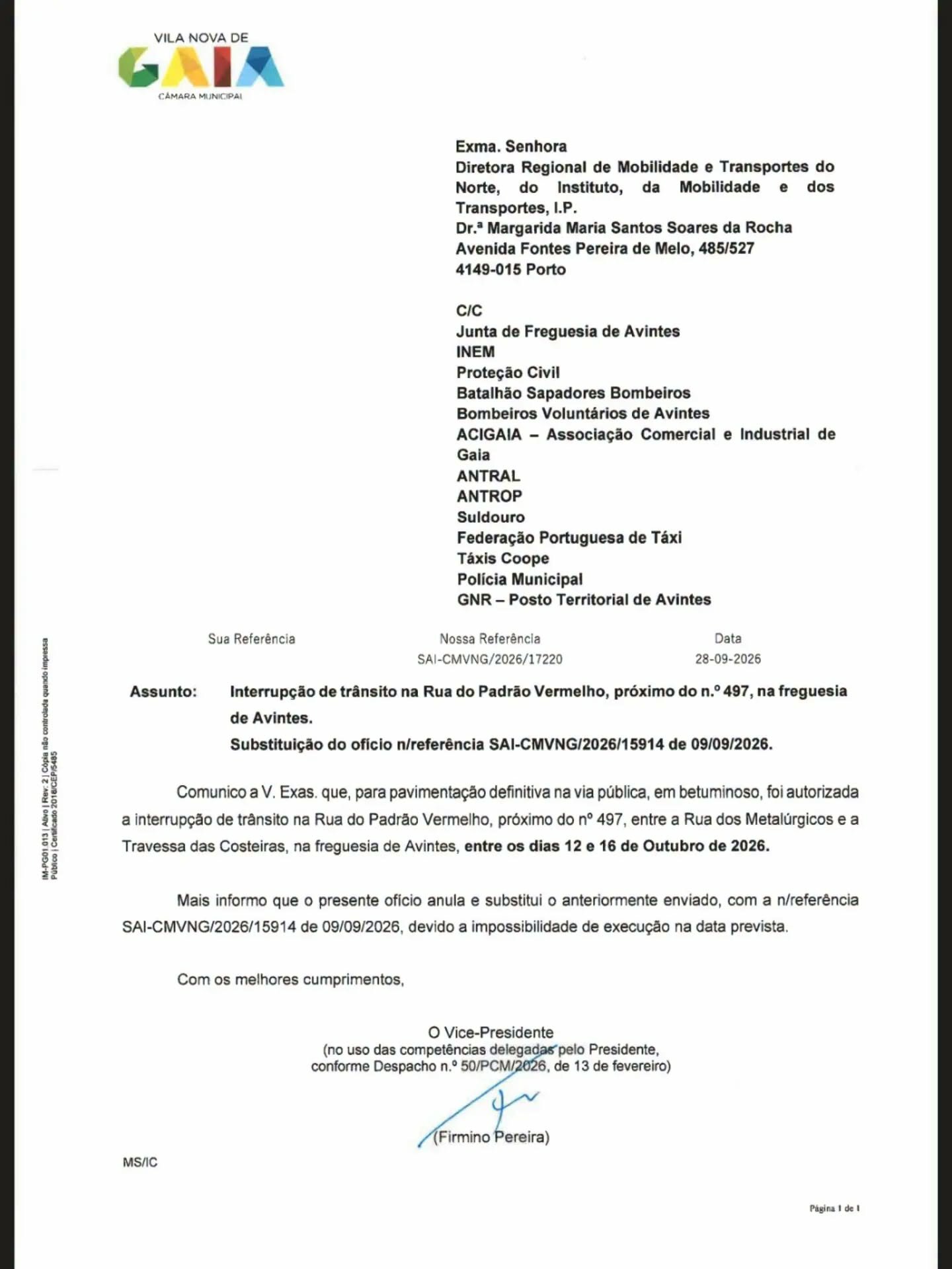 AVISO - Interrupção de Trânsito