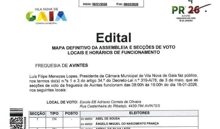 PR2026 - EDITAL - Secções de Voto: Locais e Horários PR2026 - EDITAL - Secções de Voto: Locais e Horários