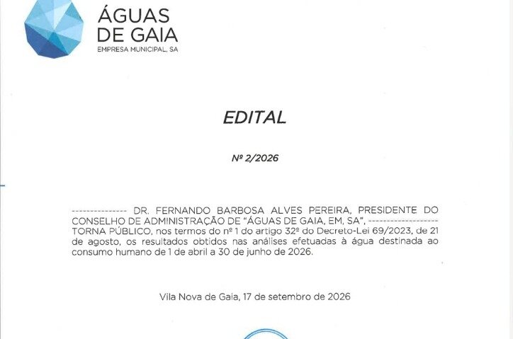 Edital nº 2/2026 - Águas de Gaia