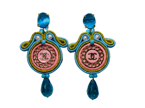15.orecchini soutache artigianali fatti a mano con bottoni chanel gocce vetro circa 3cm x 6cm