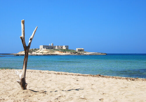 Isola delle Correnti vista dalla spiaggia con mare turchese