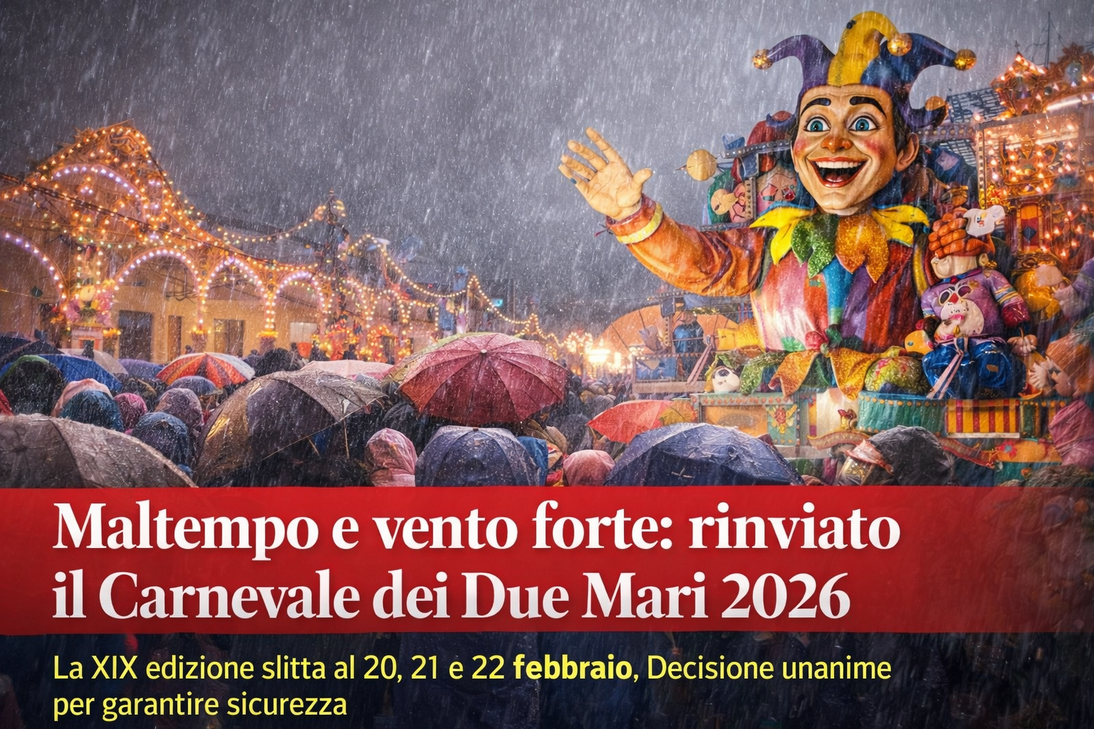 Maltempo e vento forte: rinviato il Carnevale dei Due Mari 2026 Maltempo e vento forte: rinviato il Carnevale dei Due Mari 2026