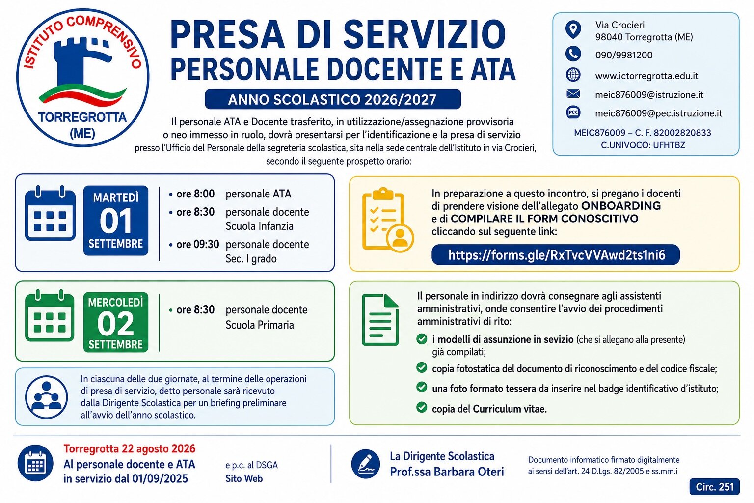 Presa di servizio personale docente e ATA: anno scolastico 2026/2027