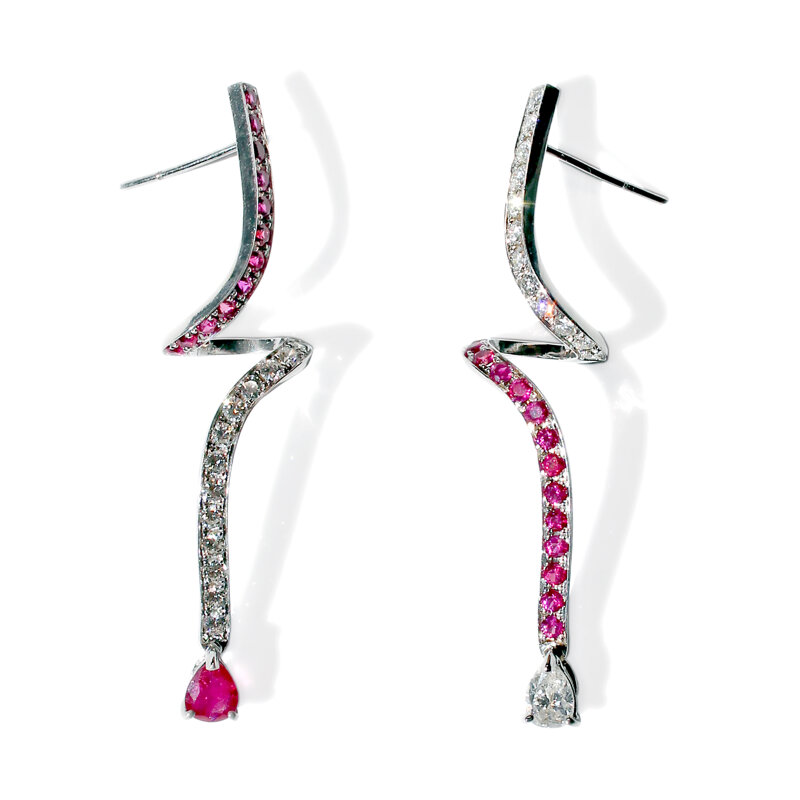 Curved Diamond and Rubies Drop Earrings