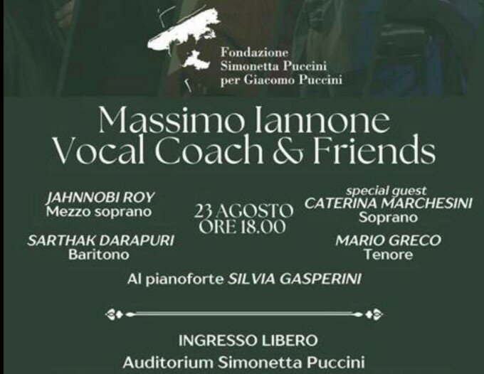 &ldquo;Massimo Iannone Vocal Coach & Friends&rdquo; sabato prossimo all'Auditorium "Simonetta Puccini" di Torre del Lago