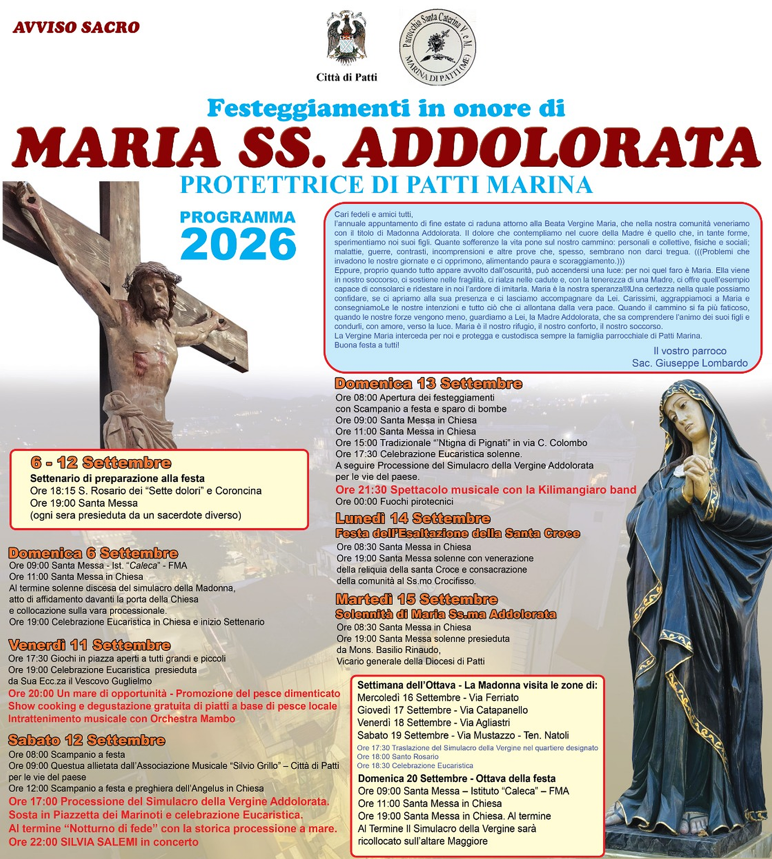 Programma Festa di Maria SS. Addolorata di Marina di Patti dal 11 al 13 Settembre 2026