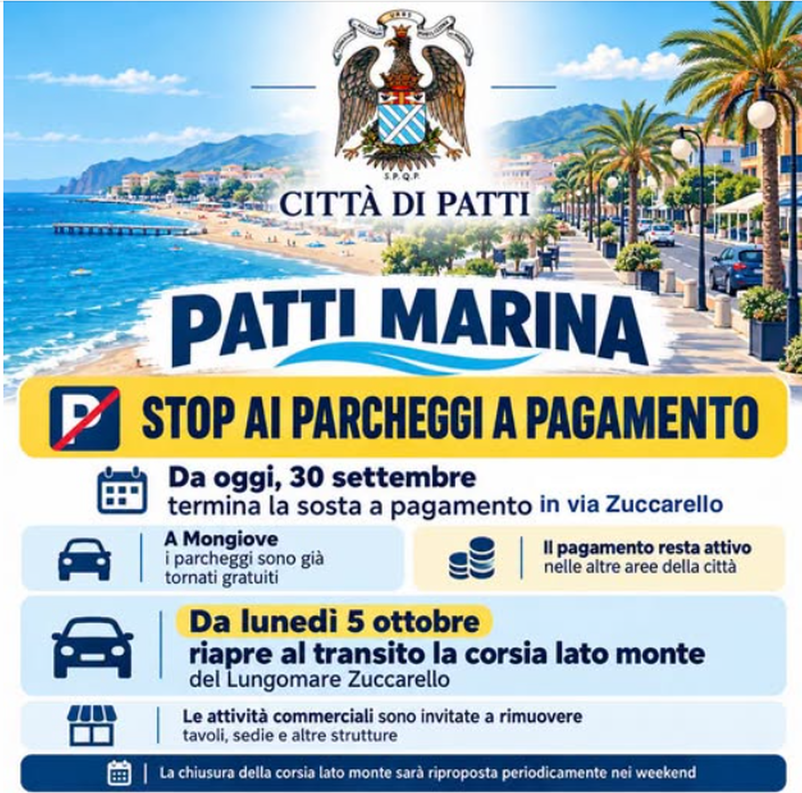Stop ai Parcheggi a pagamento e Apertura corsia lato monte Lungomare Zuccarello dal 05 Ottobre 2026