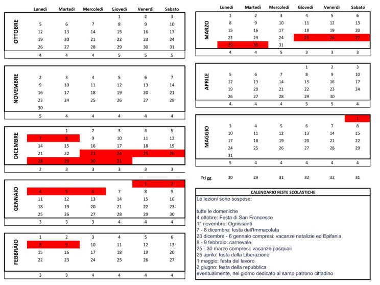 calendario lezioni scuola 2627