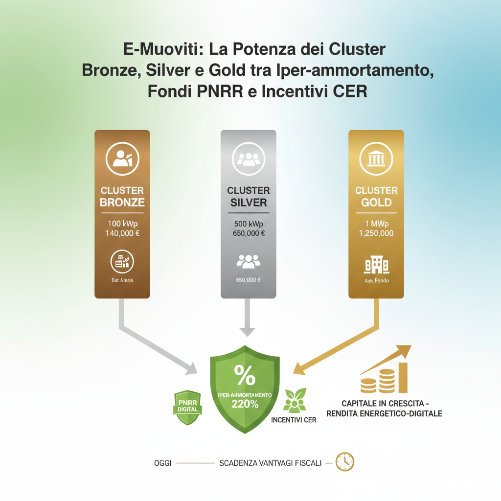 E-Muoviti: Dai Cluster Bronze al Gold &mdash; Guida all&rsquo;Asset Energetico-Digitale tra Iper-ammortamento al 220%, Fondi PNRR e Incentivi CER