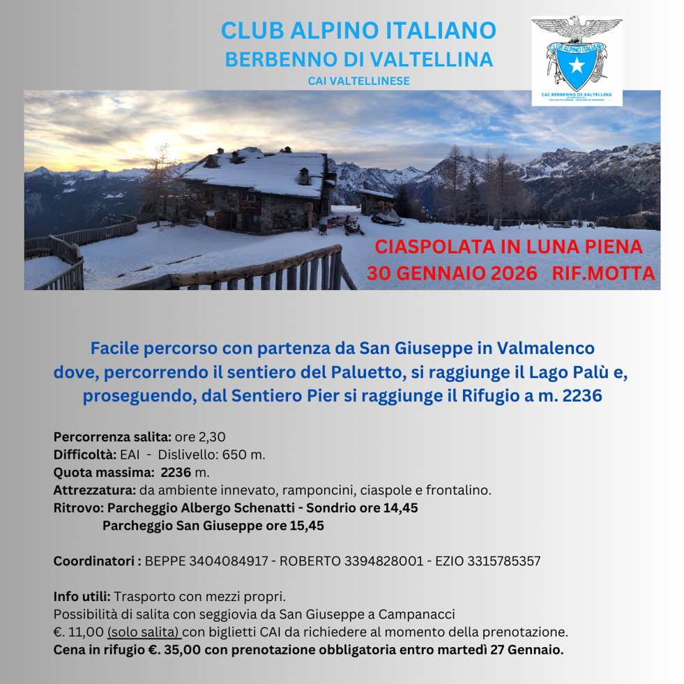 ciaspolata in luna piena 30 gennaio 2026