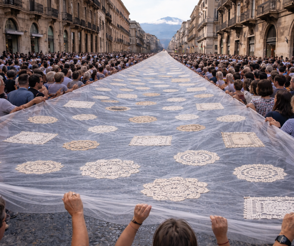 Tu sei agata: il velo lungo un chilometro ideato da Domenico Pellegrino entra nel cuore dei festeggiamenti di Sant’Agata