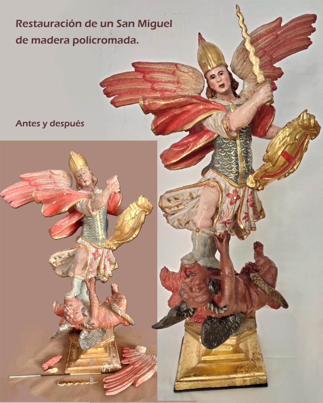 antes-y-después.jpeg Estado inicial y estado final de la restauración de un San Miguel.