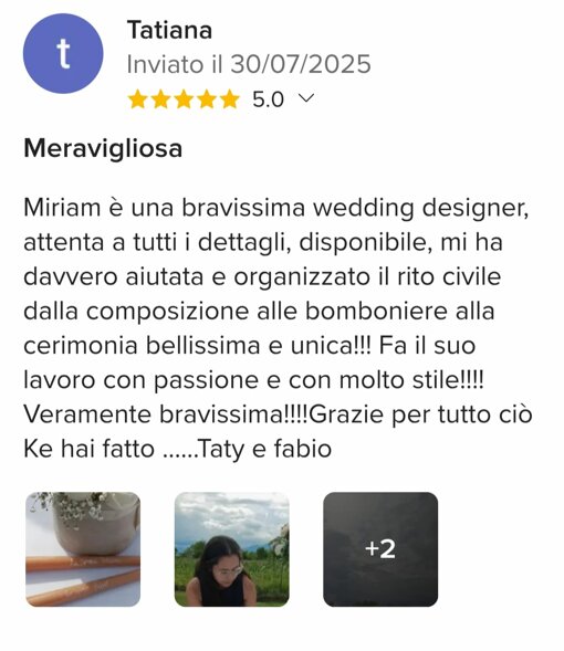Recensione positiva su wedding designer con valutazione 5 stelle.