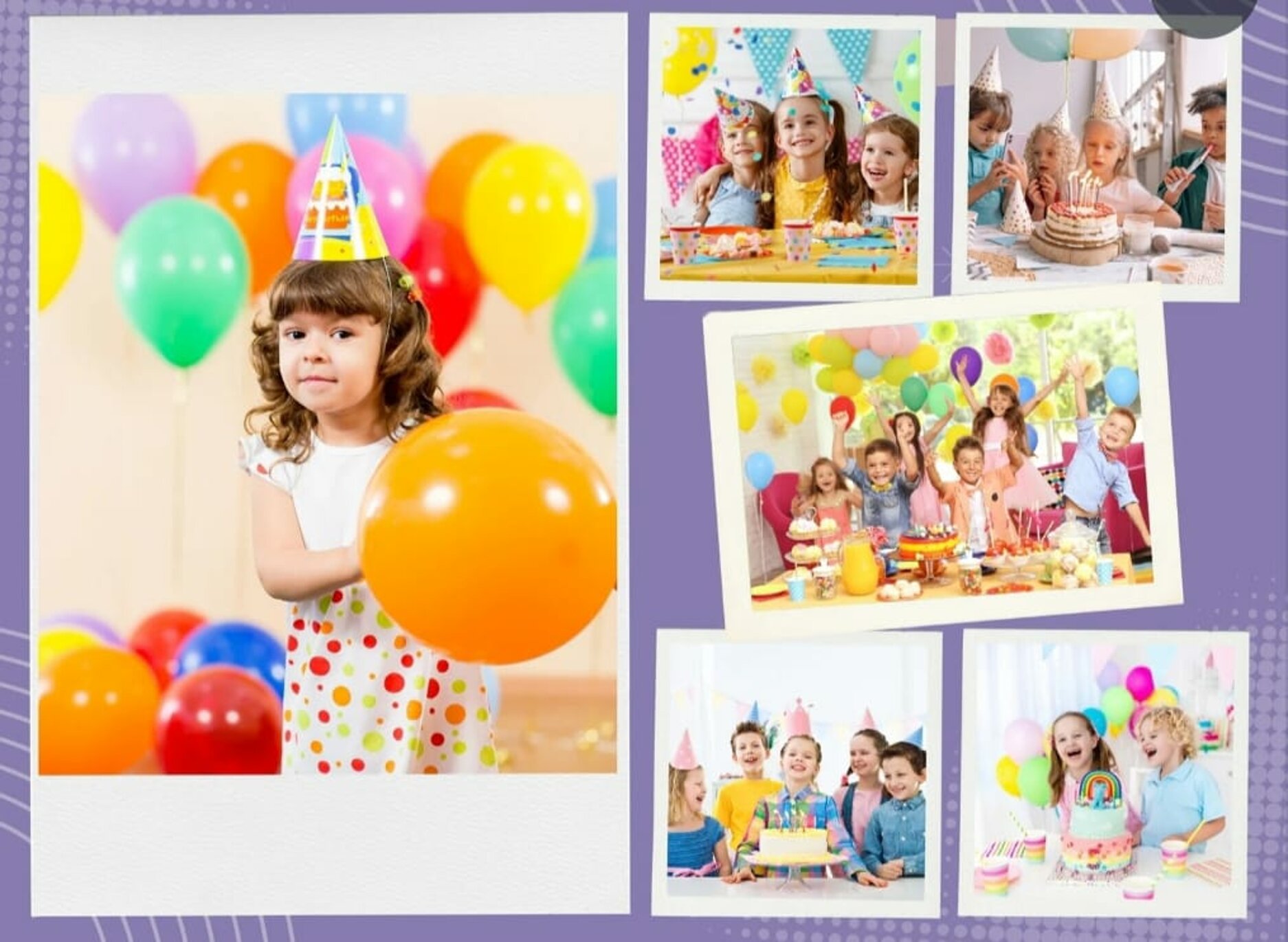 Bambini felici che festeggiano un compleanno con cappellini e palloncini colorati
