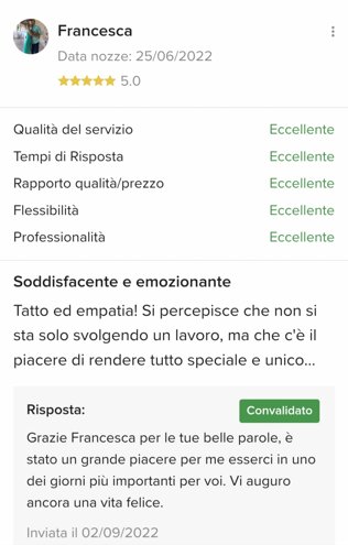 Recensione cliente con valutazione eccellente e feedback entusiastico.