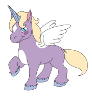 Illustrazione di un unicorno viola con ali bianche e criniera bionda