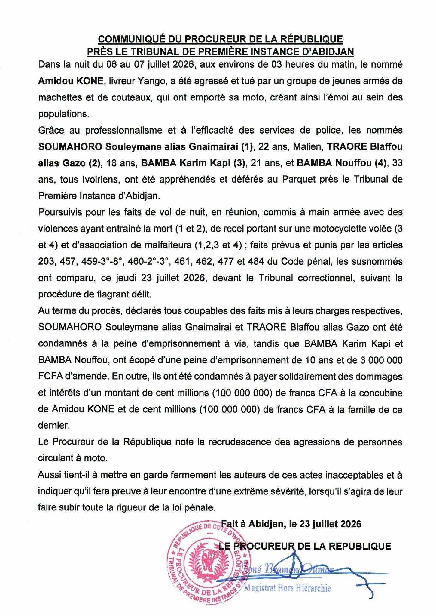 Meurtre d'un livreur &agrave; Abidjan : Les agresseurs condamn&eacute;s &agrave; la prison &agrave; vie et de lourdes amendes