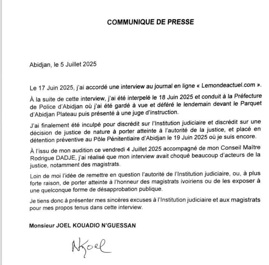 Depuis la prison , l'ex-ministre Jo&euml;l N&rsquo;Guessan pr&eacute;sente ses "sinc&egrave;res excuses" aux magistrats