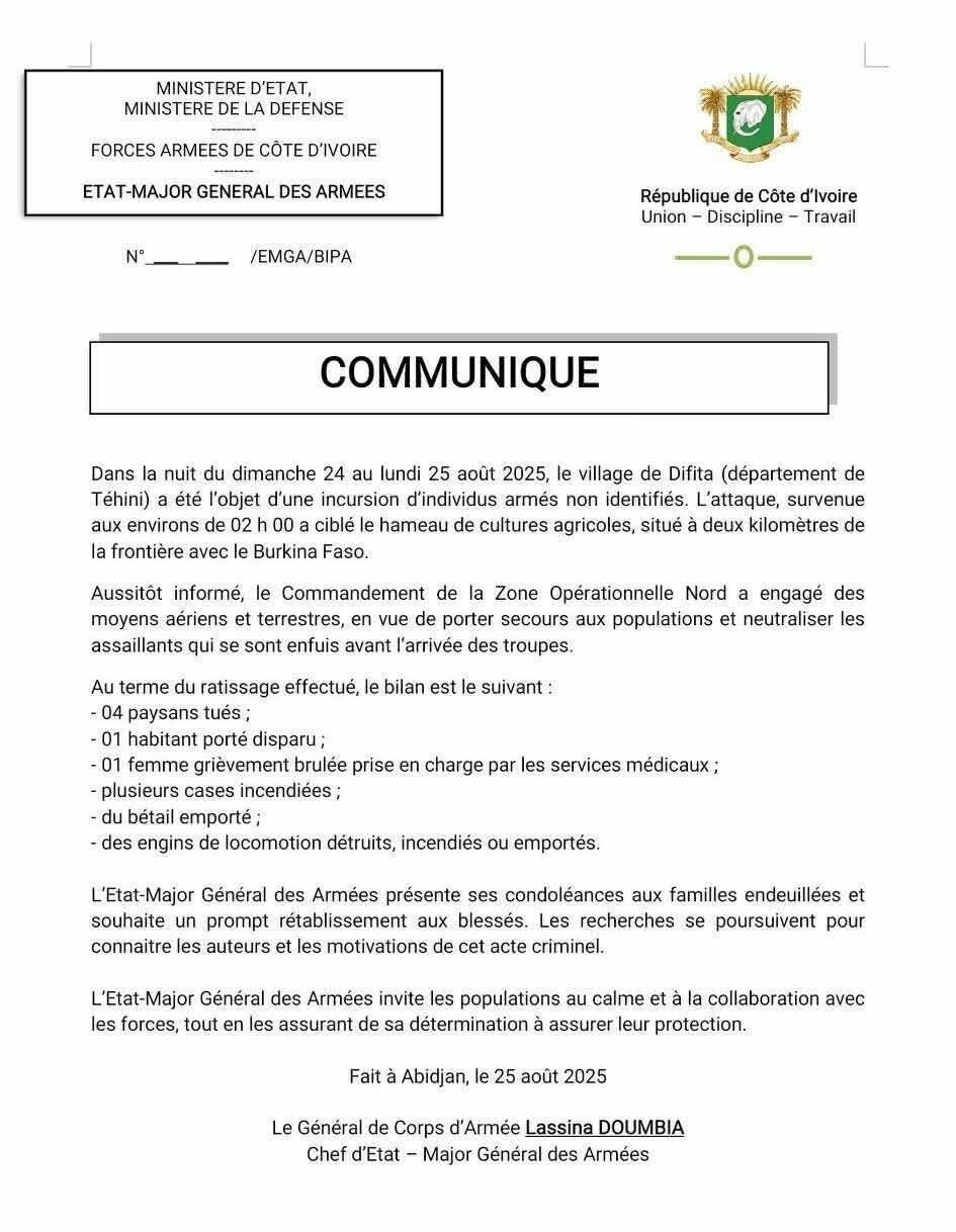 C&ocirc;te d&rsquo;Ivoire : 4 personnes tu&eacute;es, plusieurs cases incendi&eacute;es, 1 disparu, dans une attaque arm&eacute;e &agrave; Difita, d&eacute;partement de T&eacute;hini
