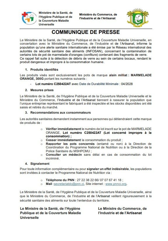 ALERTE SANITAIRE EN Côte d’Ivoire : Des pots de confiture à l’orange retirés du marché ivoirien