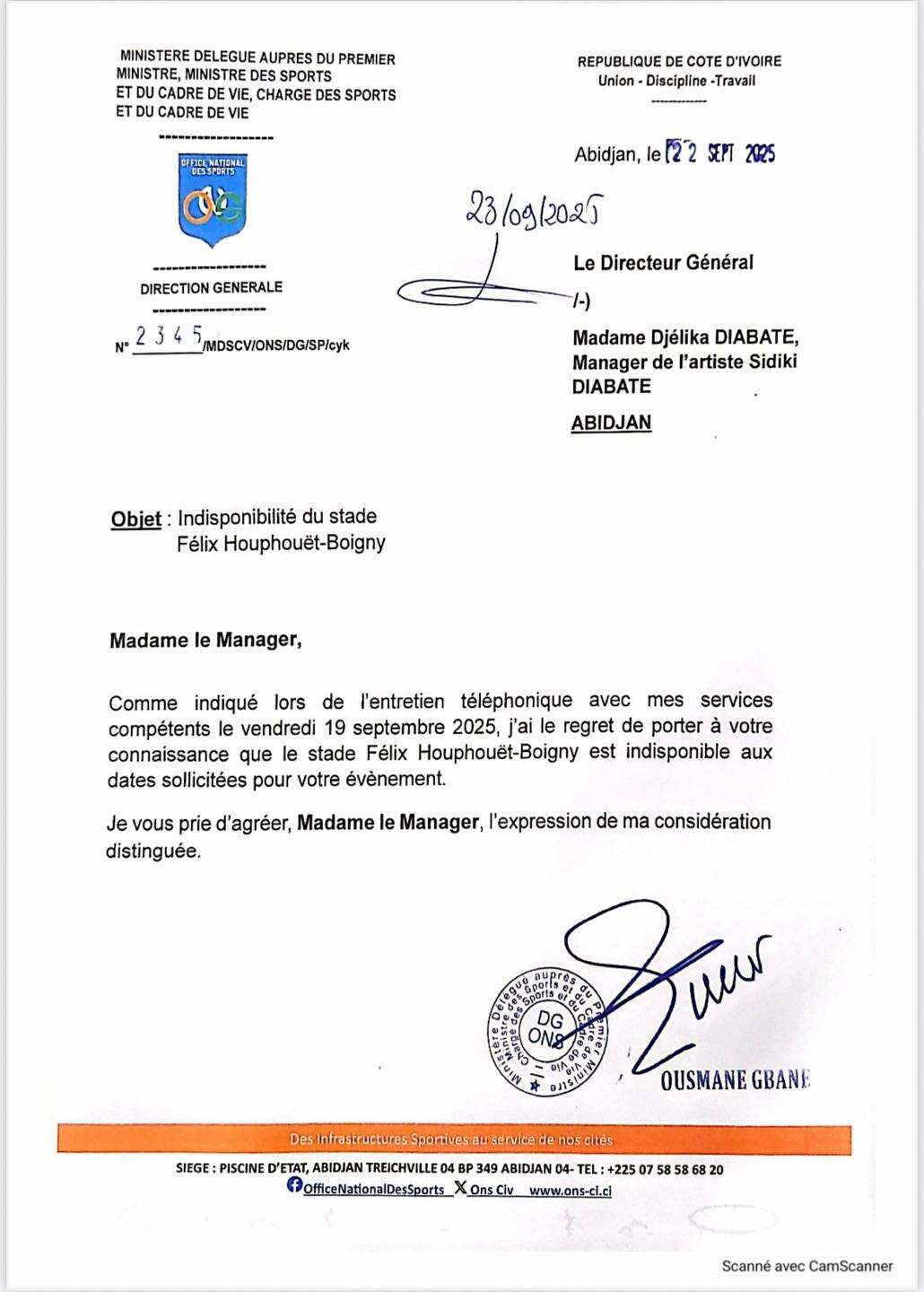 Annulation du concert de Annulation du concert de Sidiki Diabat&eacute; au Stade FHB: voici les raisonsSidiki Diabat&eacute; au Stade FHB: voici les raisons