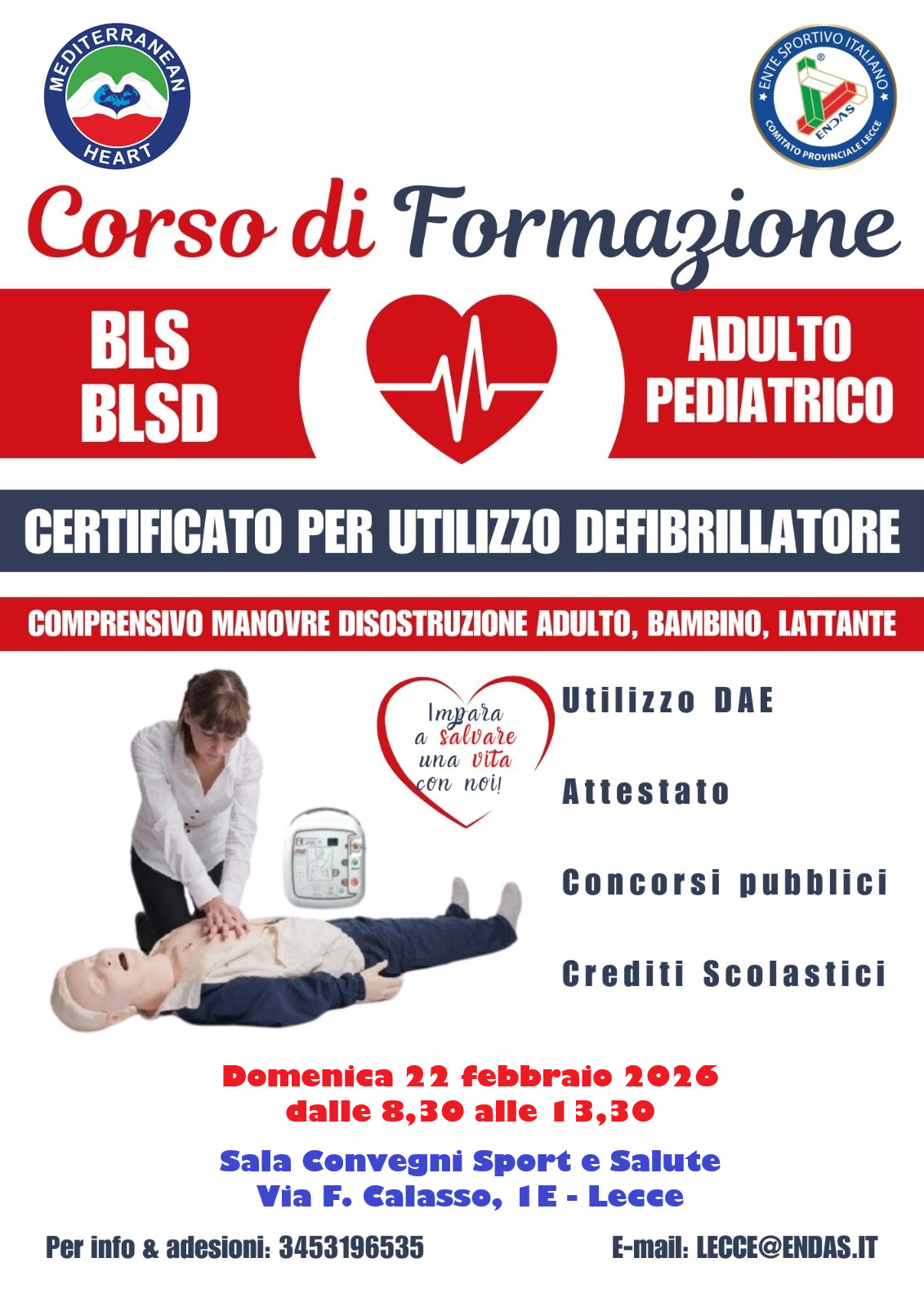 Corso BLSD a Lecce: formazione promossa da ENDAS Lecce &ndash; Comitato Provinciale del Salento