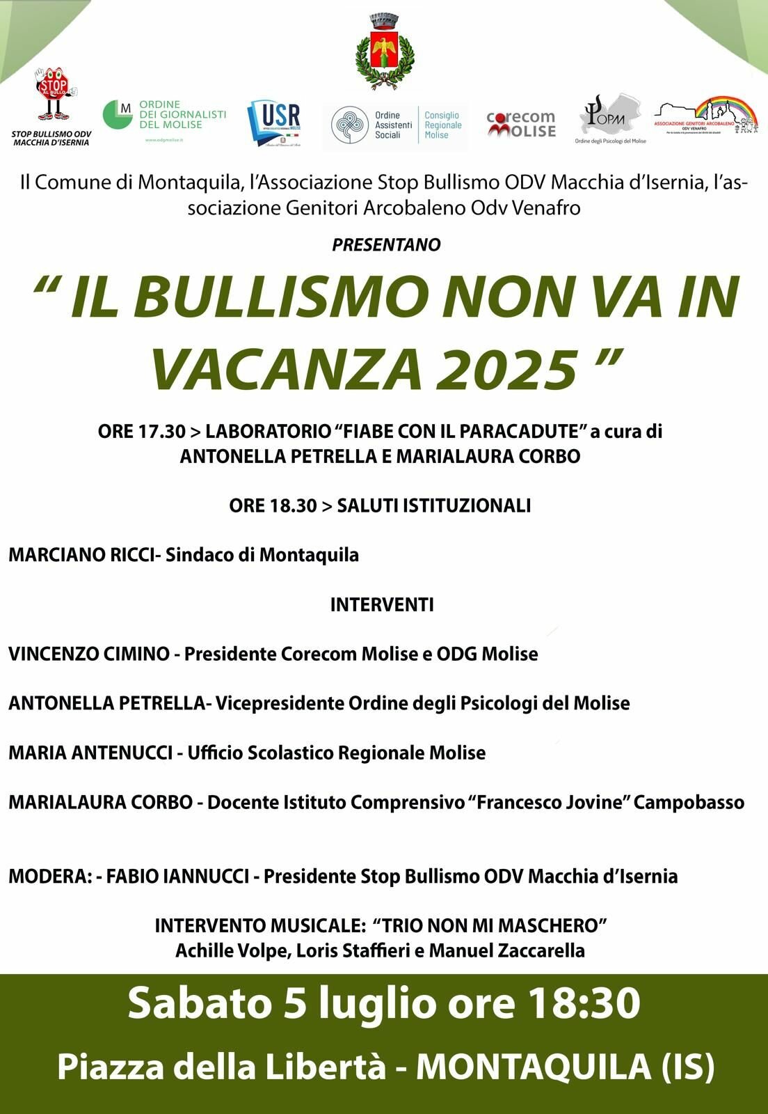 Il Bullismo non va in Vacanza 2025: torna il tour itinerante contro il bullismo, parte da Montaquila