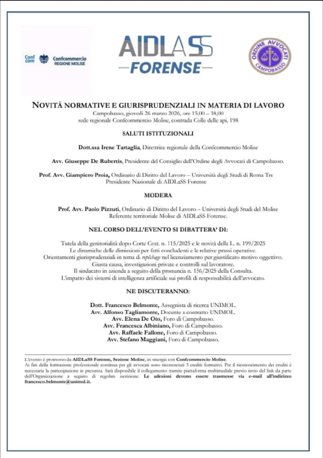 Diritto del Lavoro: a Campobasso un convegno sulle novit&agrave; normative e giurisprudenziali.
