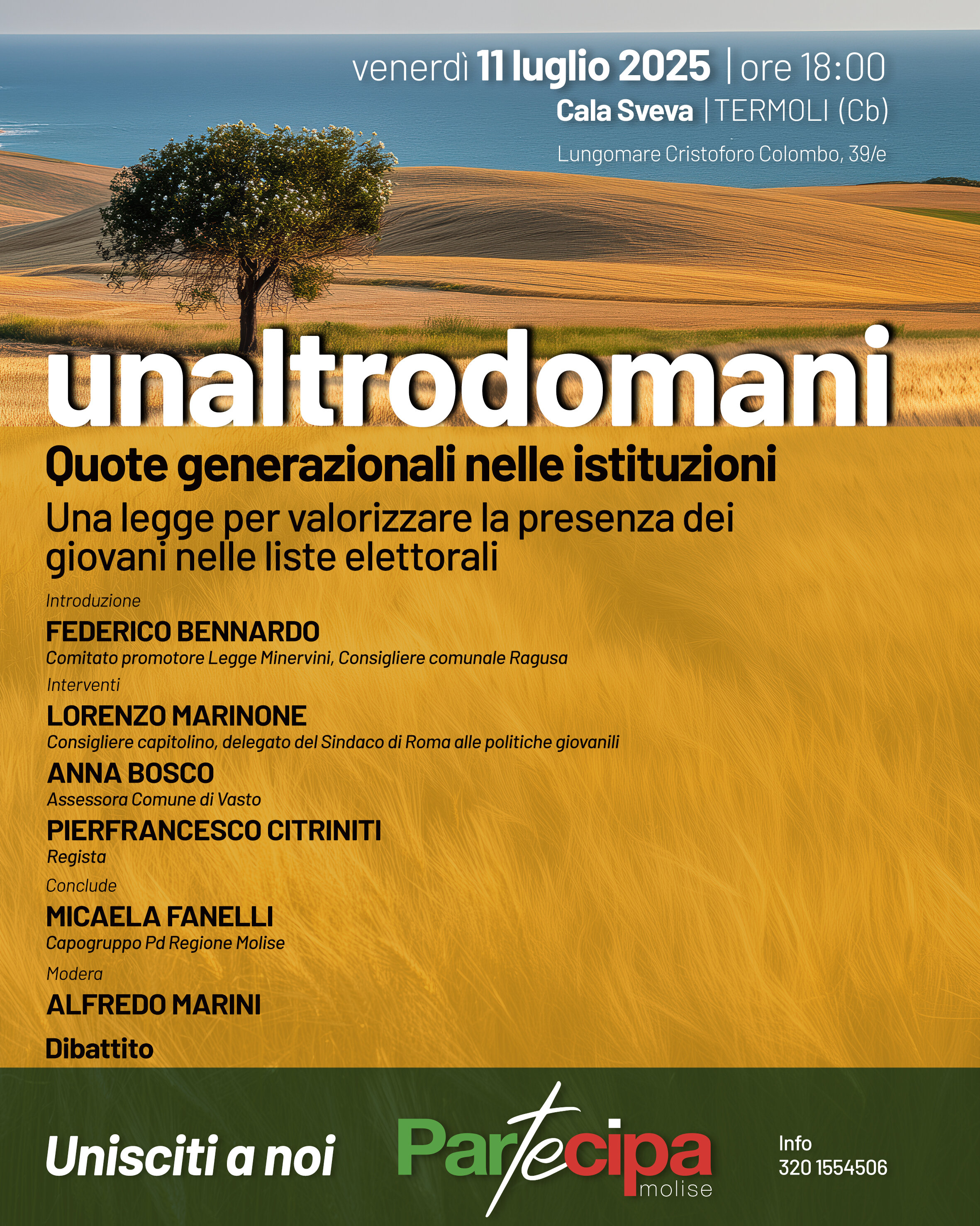 Partecipa Molise, domani a Termoli il dibattito sulle quote generazionali nelle istituzioni e presentazione della Legge Minervini