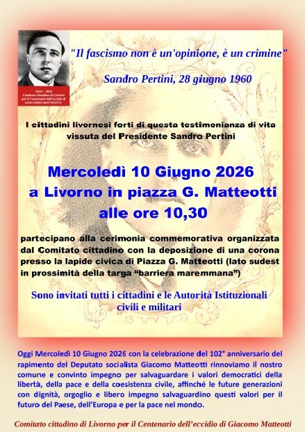 Anniversario del rapimento di Giacomo Matteotti, iniziativa pubblica