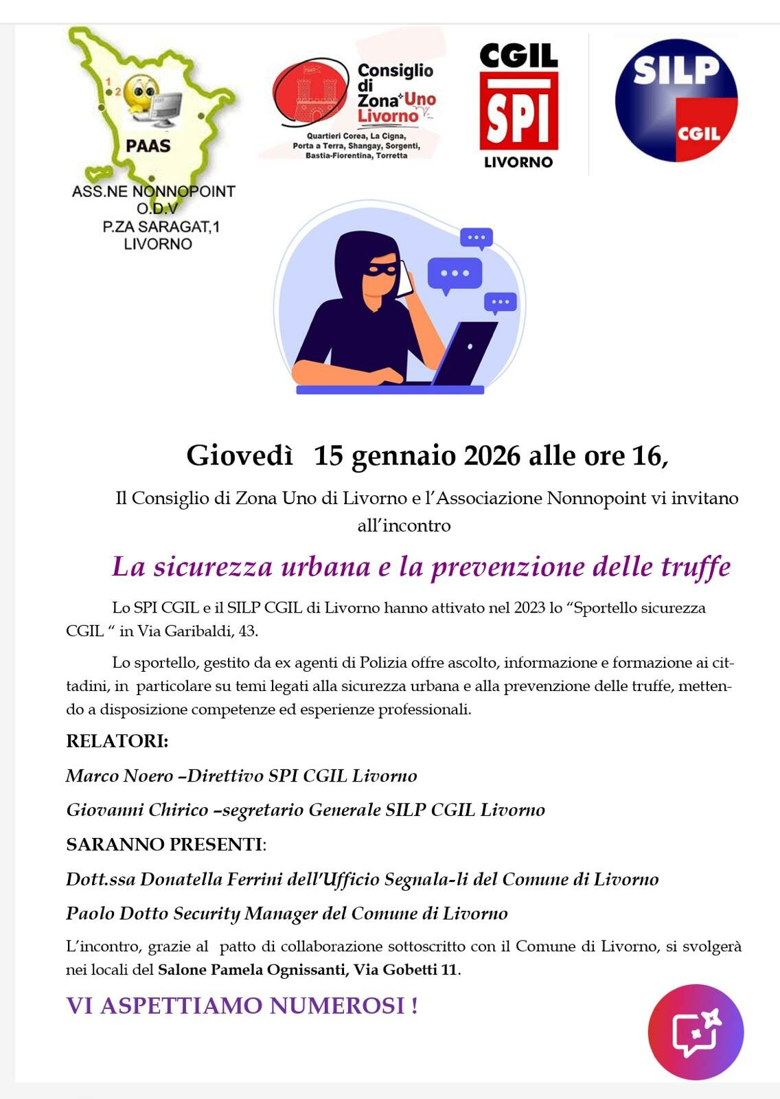 Prevenzione truffe: incontro pubblico promosso dal Consiglio di Zona Uno di Livorno