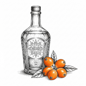 Illustrazione di una bottiglia di idromele con frutti di nespolo.