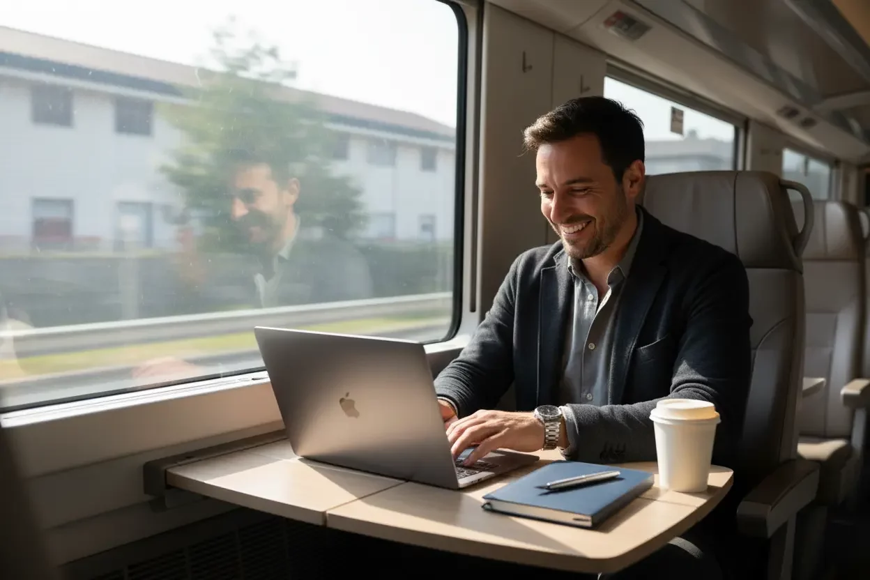 Uomo che lavora con il suo laptop in un treno in corsa