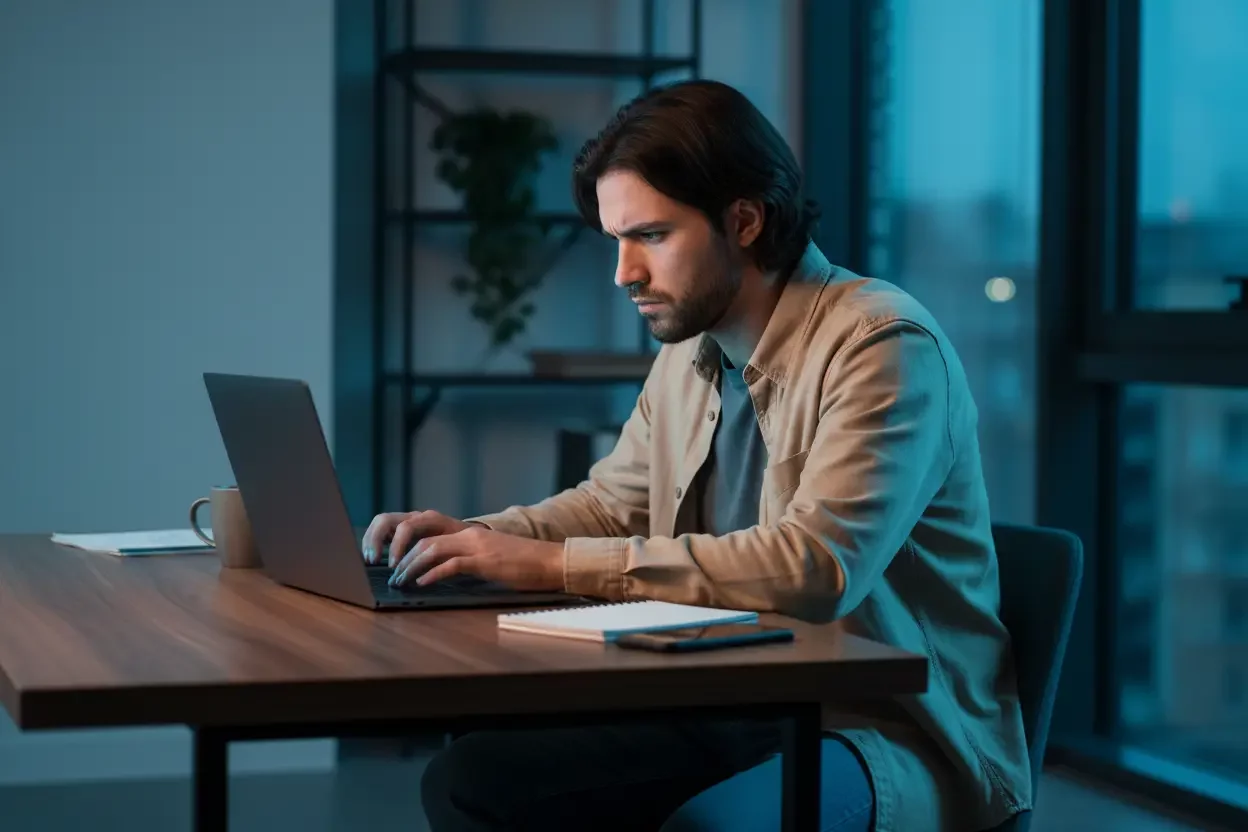 Giovane uomo che lavora al suo laptop alla scrivania