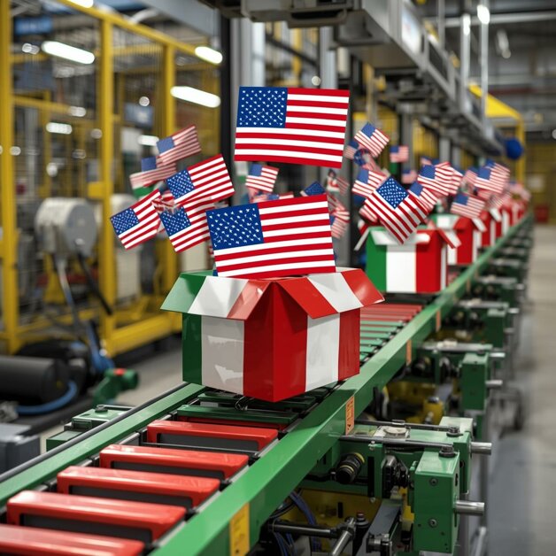 una catena di montaggio con i colori della bandiera italiana dalla quale escono volando delle scatole con i colori della bandiera americana.jpeg una catena di montaggio con i colori della bandiera italiana dalla quale escono volando delle scatole con i colori della bandiera americana.jpeg