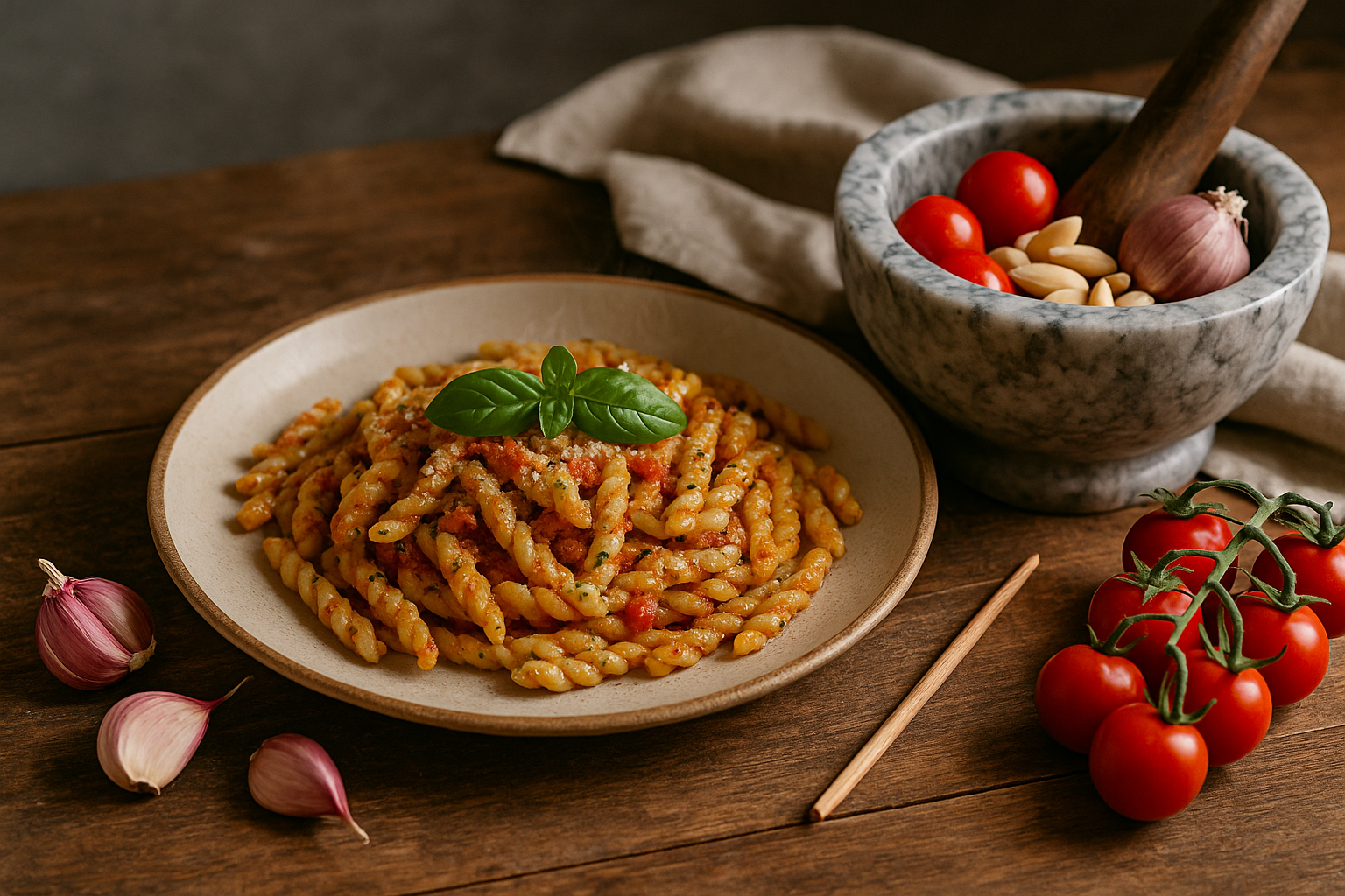 Busiate e pesto alla trapanese: mandorle, pomodori e aglio rosso, la memoria della macina domestica