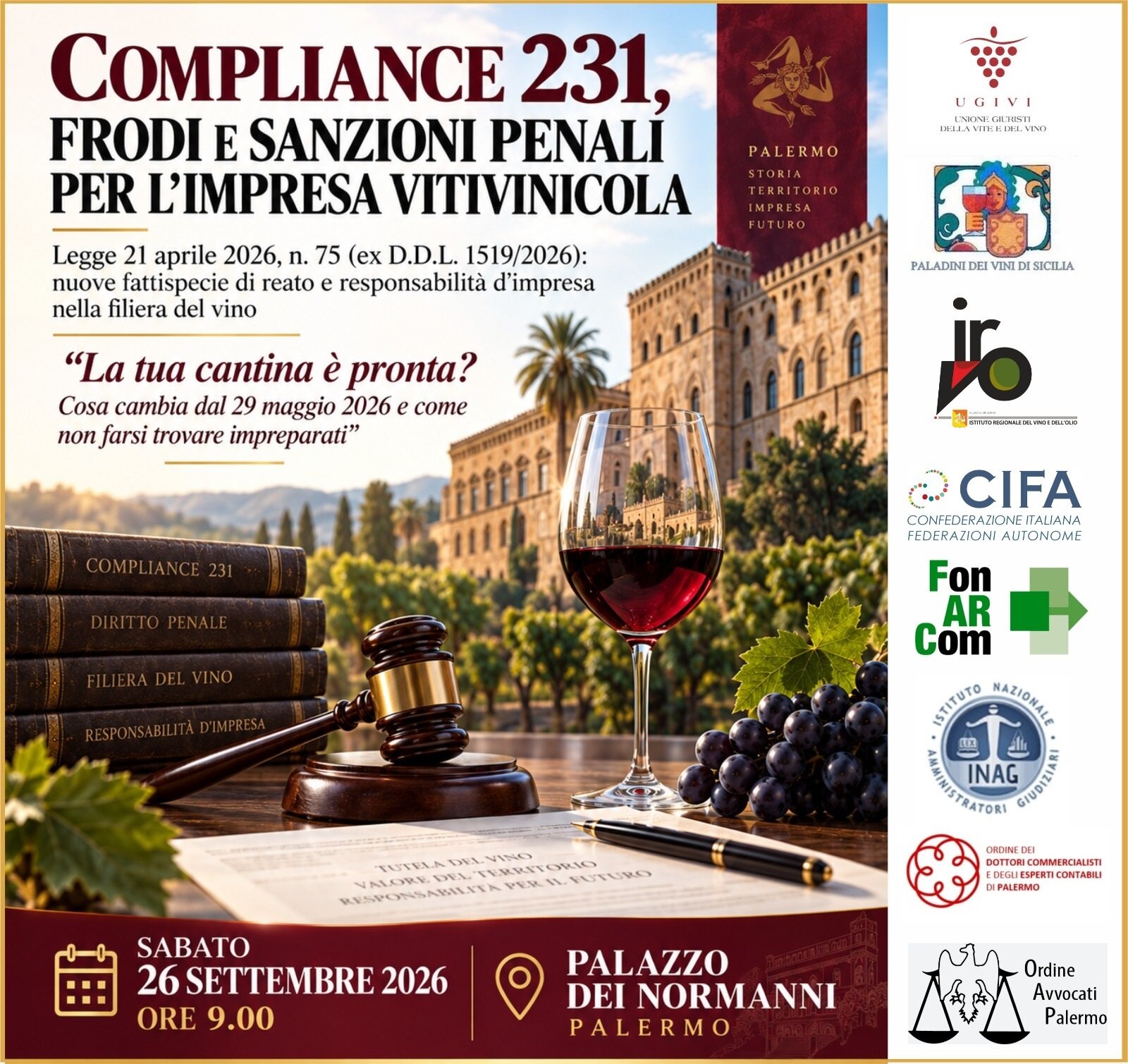 Compliance 231, frodi e sanzioni penali per l'impresa vitivinicola&rdquo;. Convegno il 26 settembre a Palermo, a Palazzo dei Normanni Come non farsi trovare impreparati a seguito recenti normative. Confronto su nuove responsabilit&agrave; d'impresa nella filiera del vino