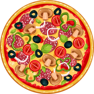 Pizza Drawing with tomatoes, onions, olives, mushroom and Salame