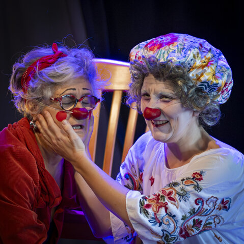 Comical and clownish interaction with the audience during a duet show Comical and clownish interaction with the audience during a duet show