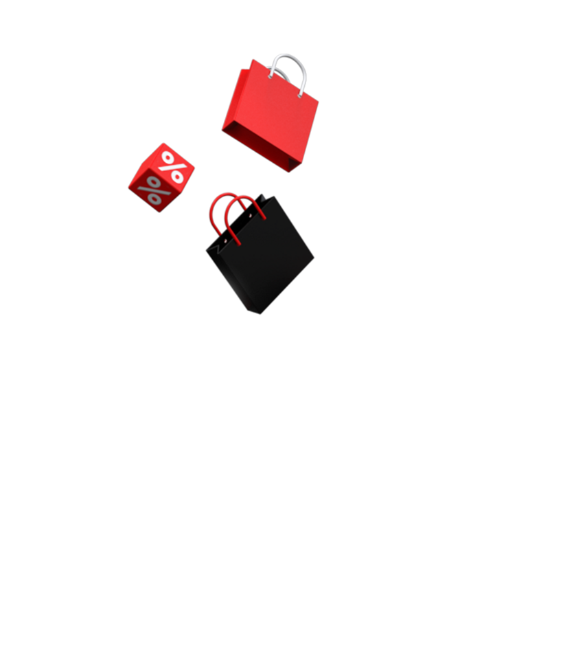 Borse della spesa rosse e nere e dado percentuale su sfondo nero Borse della spesa rosse e nere e dado percentuale su sfondo nero